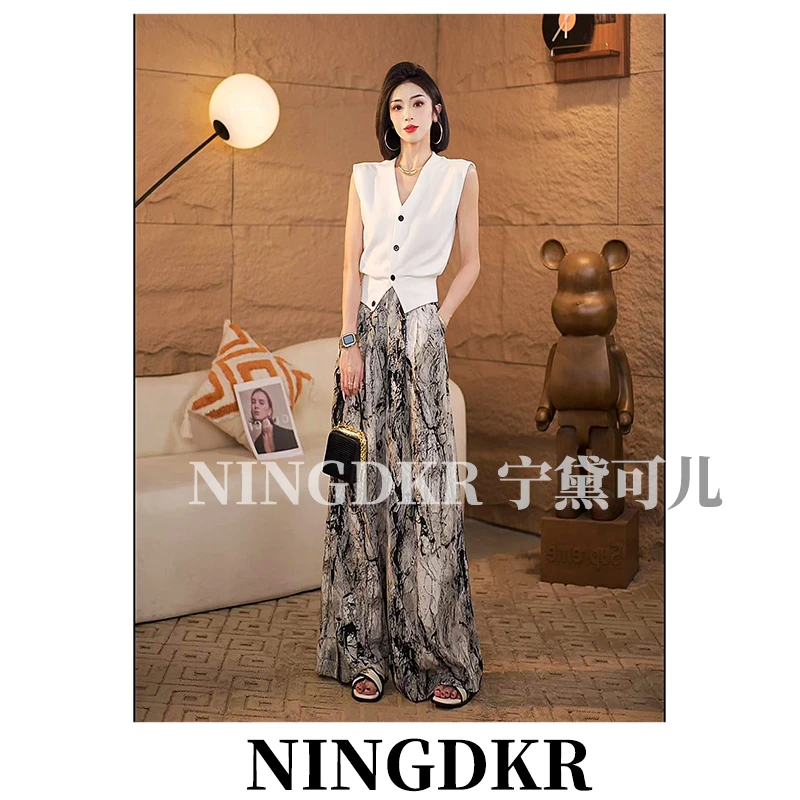 可A30512水墨画扎染阔腿裤女夏季薄款高腰垂感显高显瘦休闲拖地裤