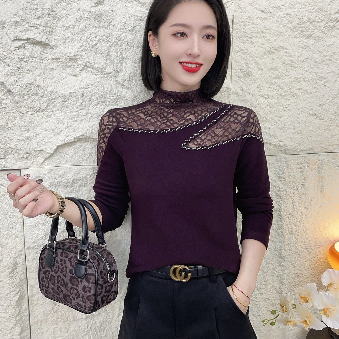 【韩紫朵 】冬季洋气钉珠设计半高领百搭t恤上衣显瘦加厚保暖6879