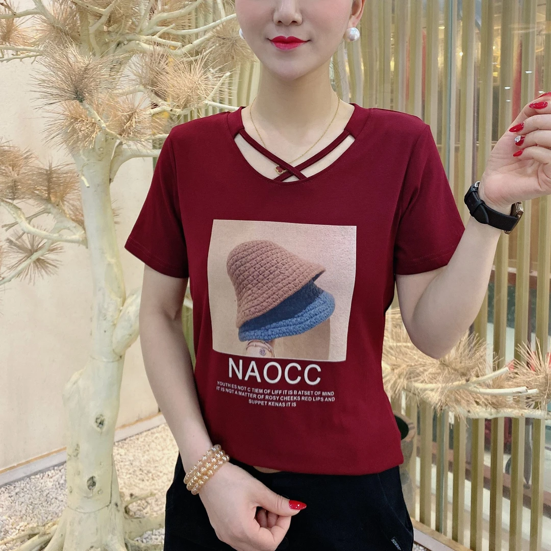 【韩紫朵 】新品夏季V领洋气百搭t恤修身显瘦短袖7102