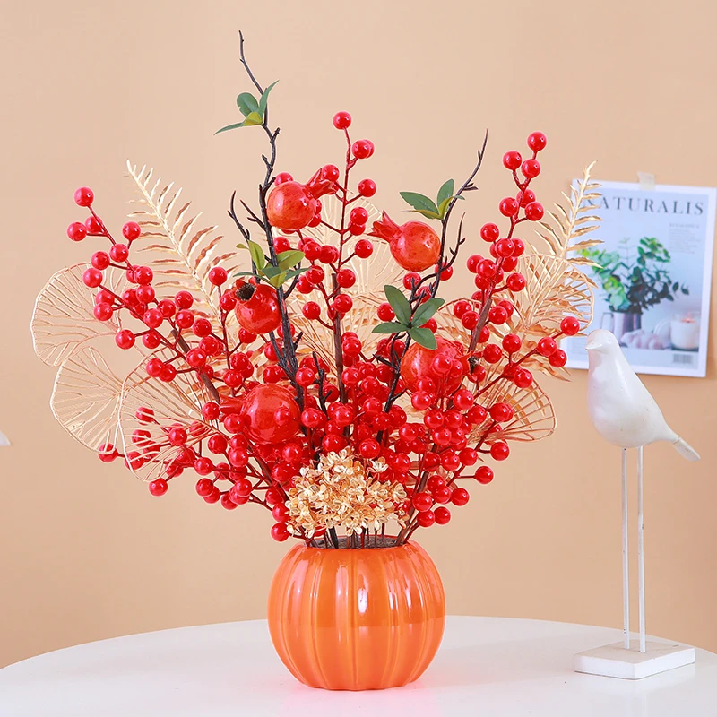 轻奢手工仿真石榴红浆果高档电视柜创意新中式家居花艺套餐摆件