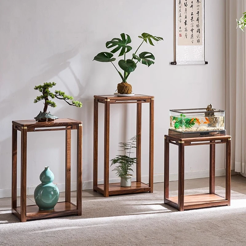 胡桃木花架阳台加长加宽花架子客厅落地式实木置物架植物架新中式