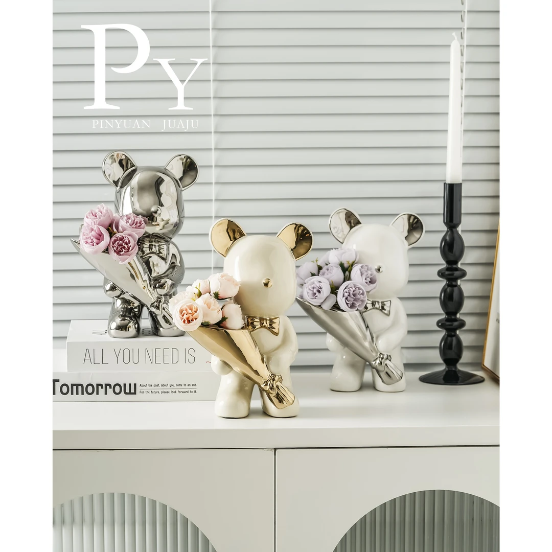 2024陶瓷暴力熊花束熊仿真花家居摆件潮玩工艺品入门玄关柜电视柜