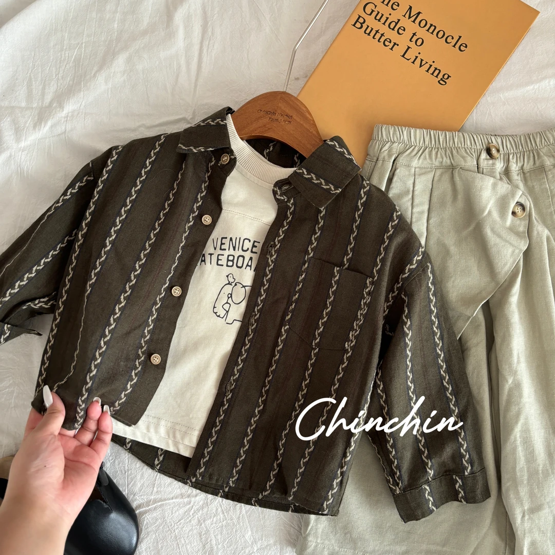 Cnkids.日韩童装男童衬衫秋装洋气民族风儿童衬衣长袖竖条纹外套