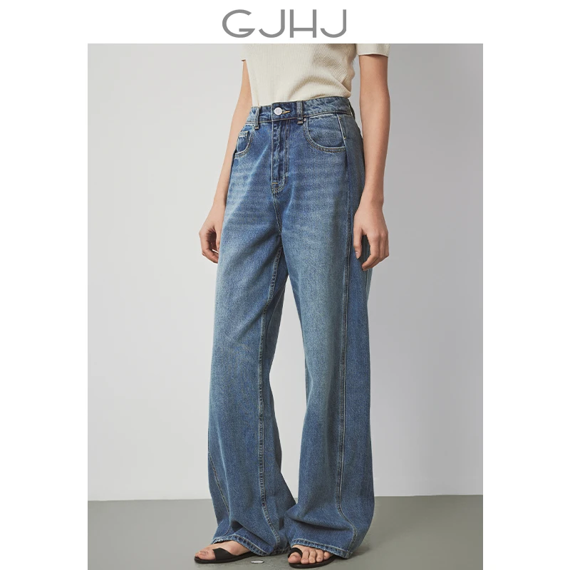 gjhj 休闲复古水洗蓝显瘦压褶纯棉牛仔阔腿裤新款廓形百搭裤子
