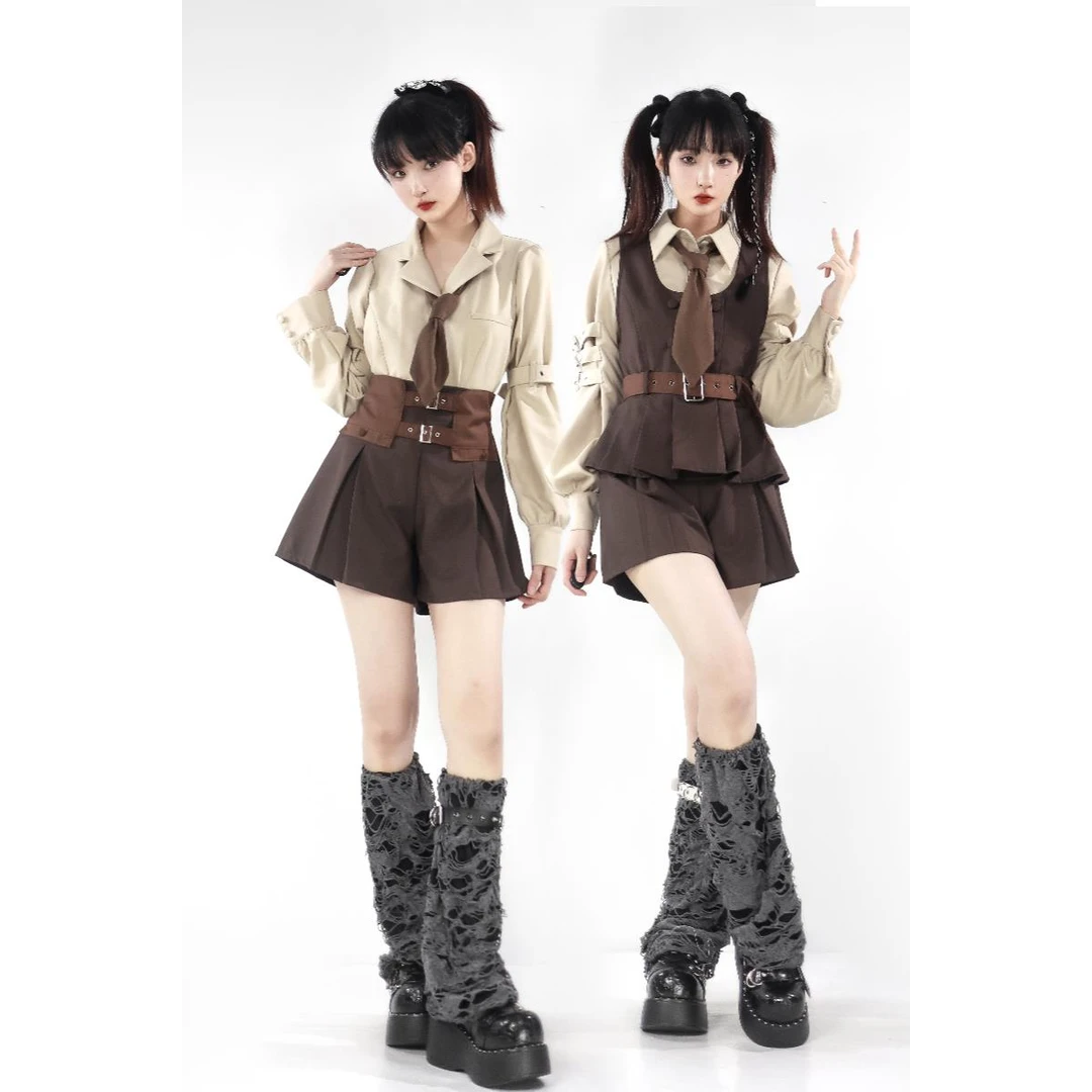 PINKSAVIORXH【银河故障】秋季棕色系衬衫半裙学院原创设计套装女