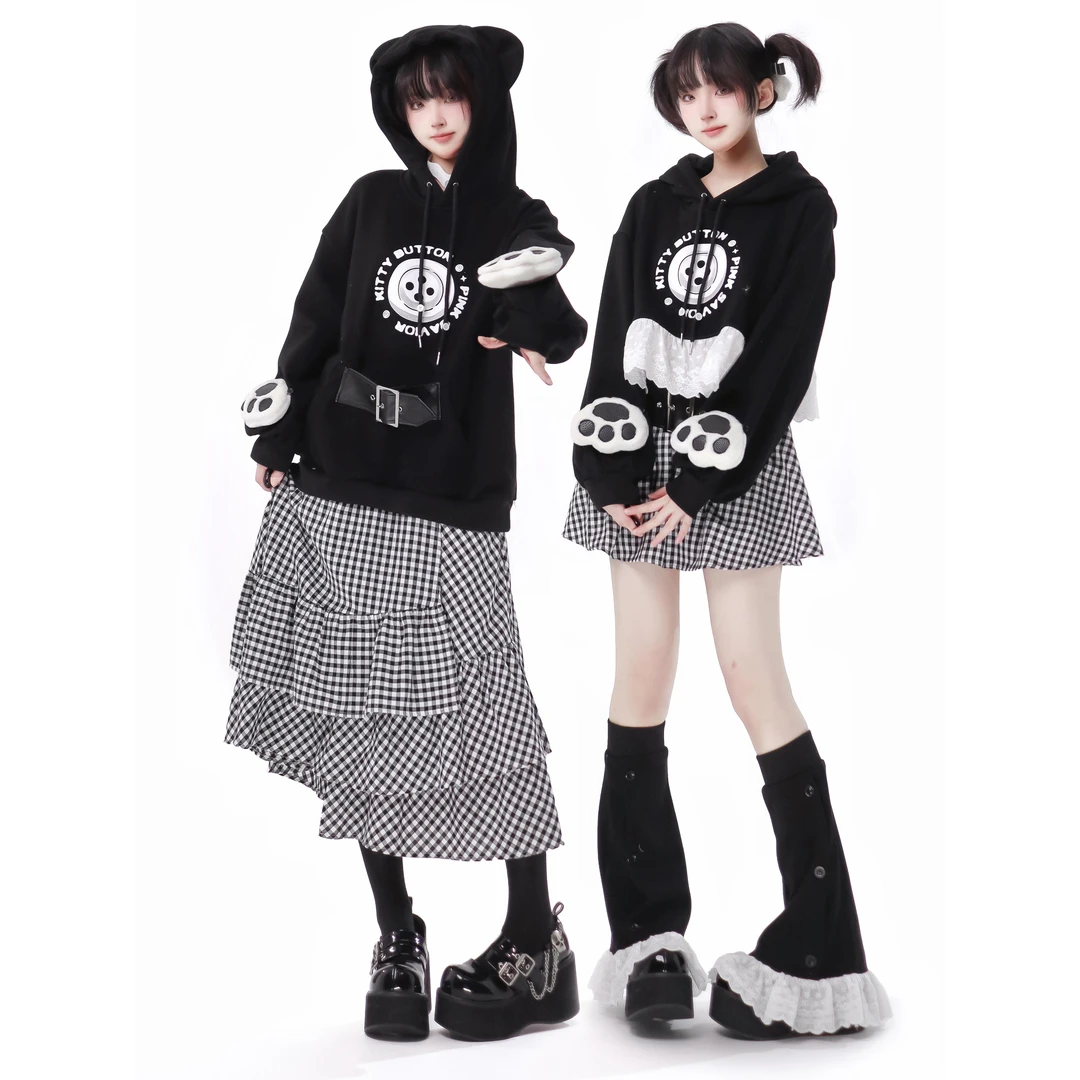 PINKSAVIOR【招招】加绒黑色连帽卫衣格子拼接长裙秋冬套装女