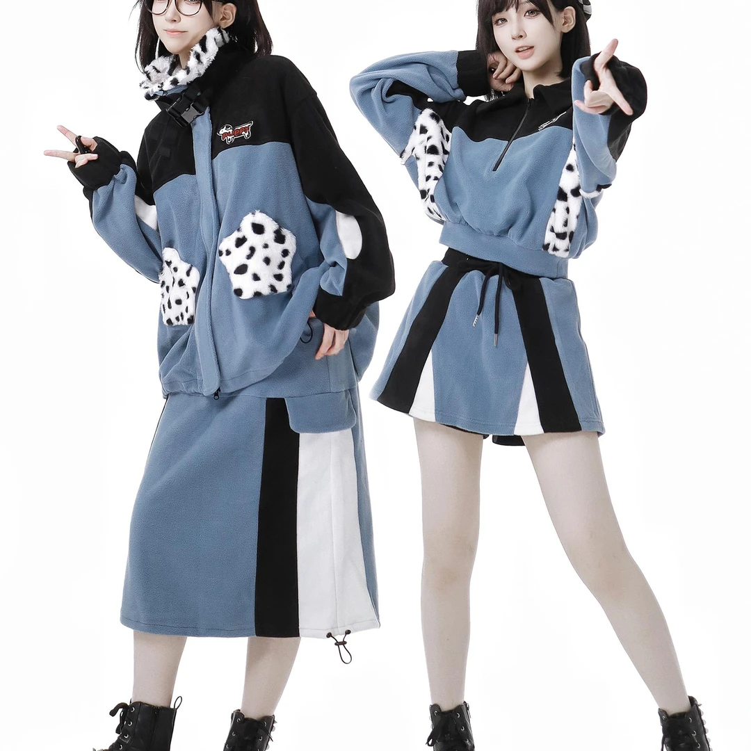 PINKSAVIOR【斑斑里外保暖双层拼接短半裙小狗套装