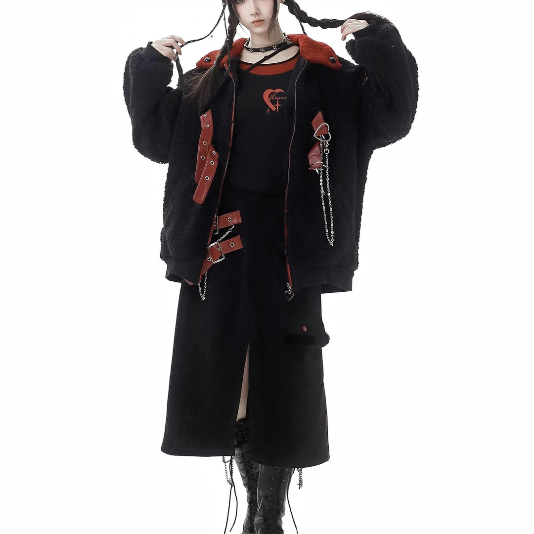 PINKSAVIOR【燃烬】红黑撞色拼皮超柔绒外套内搭打底显瘦