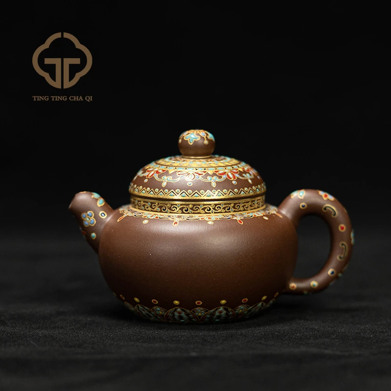 欢聚一堂 宝相福珠 紫泥 珐琅金银错 130cc 紫砂壶