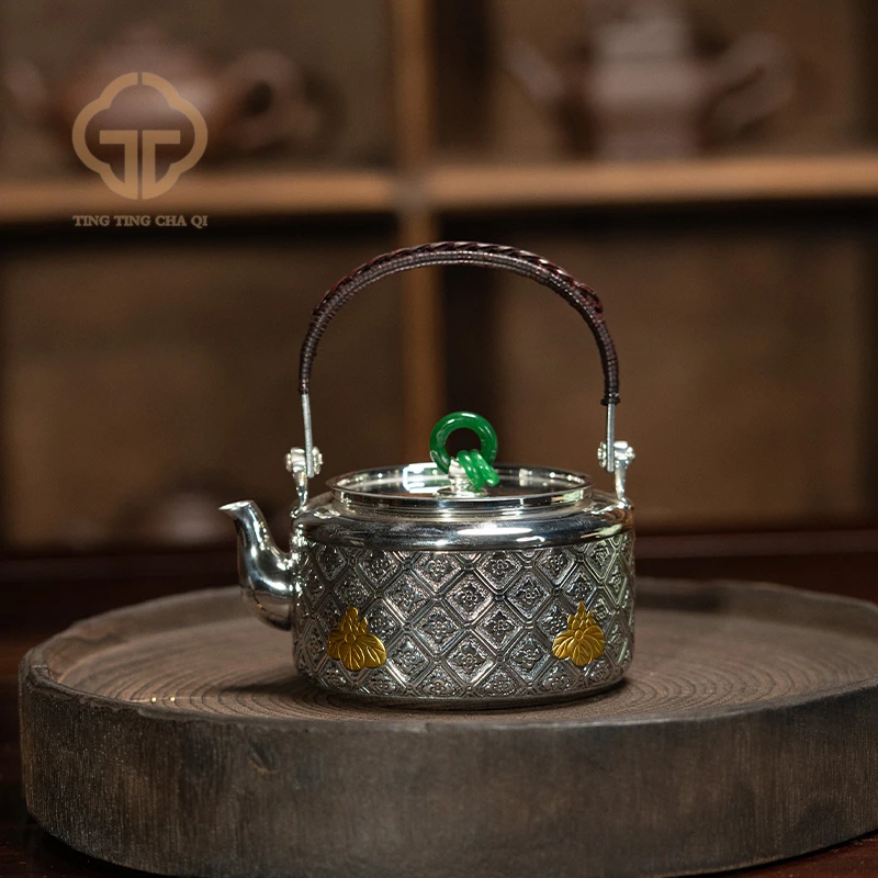 山霁无岚 百花提梁壶  415cc 家用茶具银壶