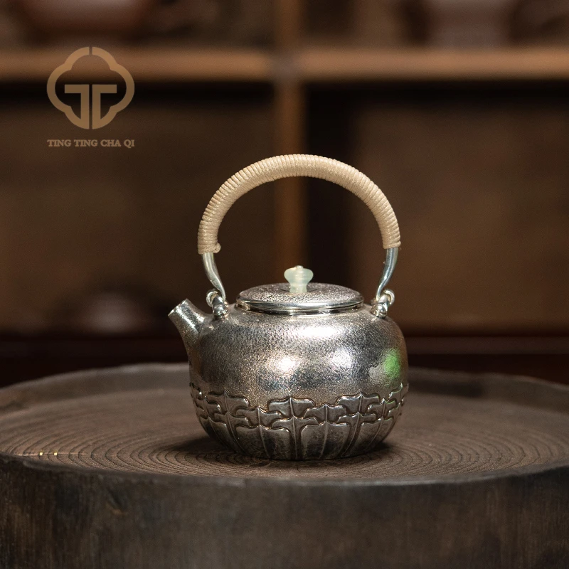 珽珽茶器 山霁无岚 莲瓣磨砂皮小提梁  235cc 家用茶具银壶
