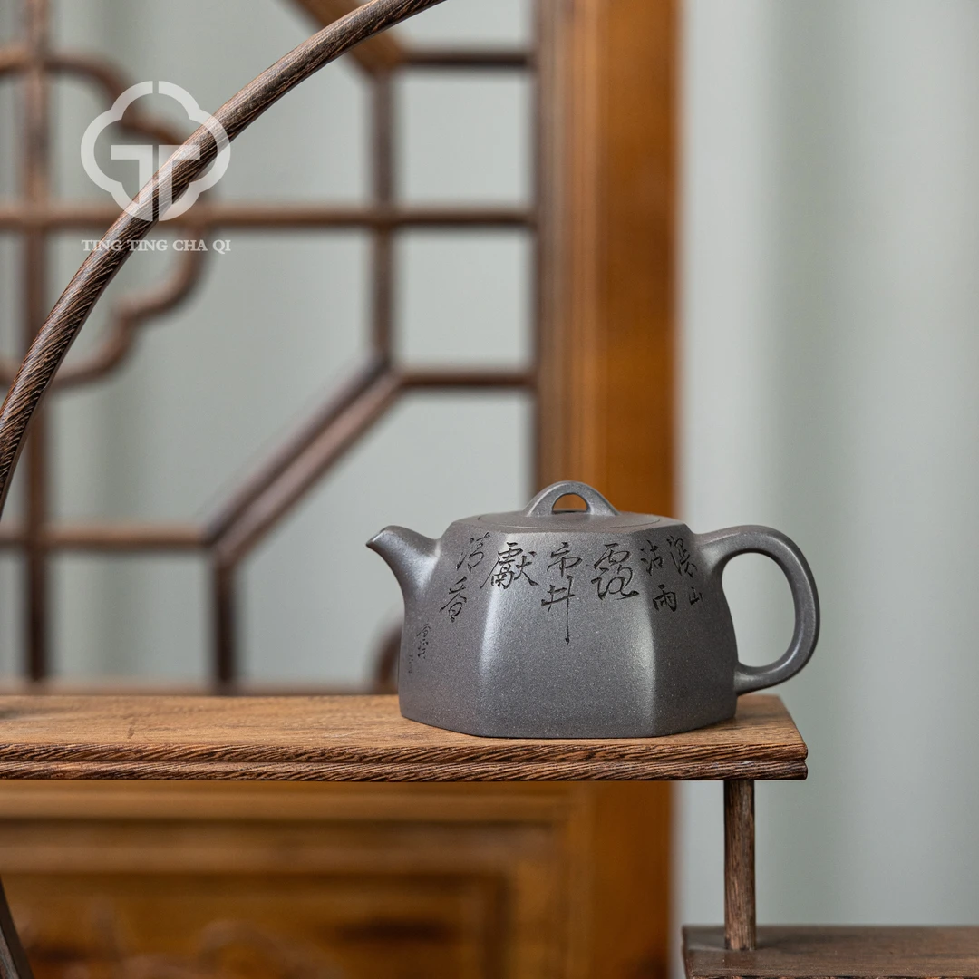 曼生 六方井栏 王涛&查越合作款 青灰泥 175cc 紫砂壶