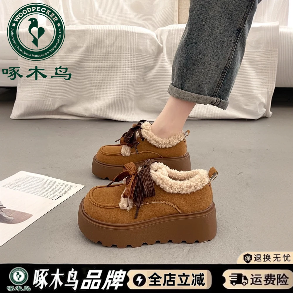 啄木鸟松糕厚底深口单鞋女冬季加绒毛毛鞋2024新款勃肯鞋雪地棉鞋