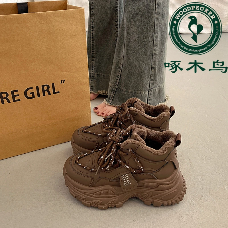 啄木鸟爆款高帮厚底老爹鞋女秋冬季小个子增高2024新款加绒运动鞋