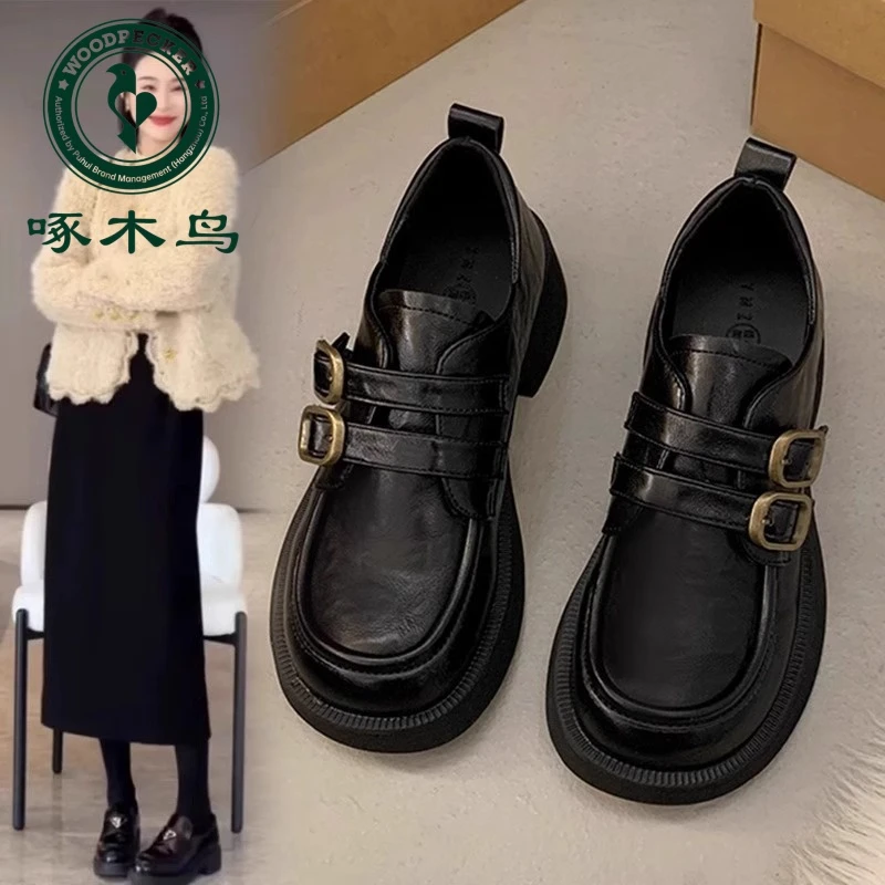 啄木鸟厚底英伦风小皮鞋女2024新款秋季一脚蹬黑色单鞋软皮乐福鞋