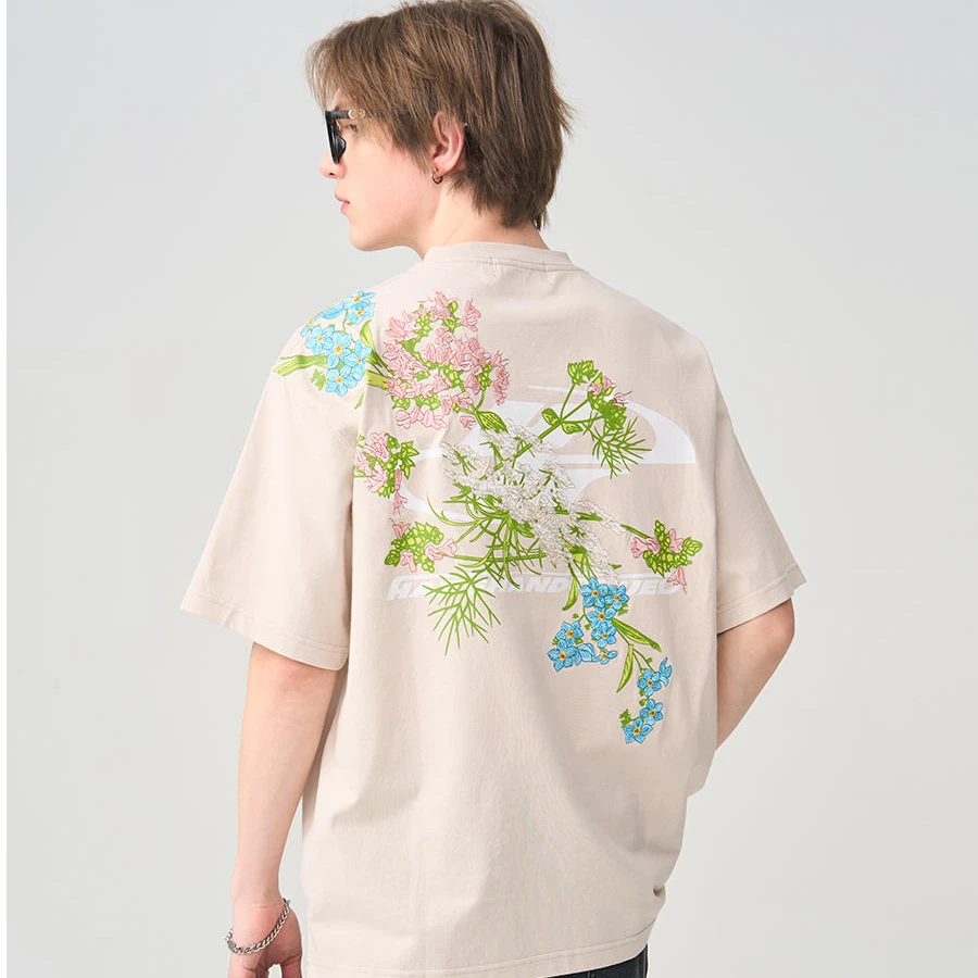 harsh and cruel街头花卉中国风刺绣cleanfit印花新中式短袖T恤