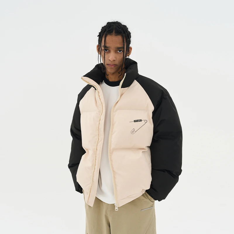 harsh and cruel 美式街头文字排版插肩袖拼色保暖加厚棉服外套