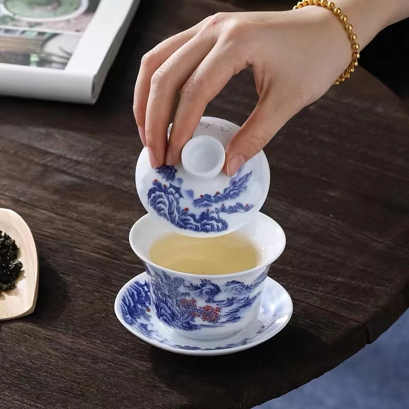 青花瓷满彩三才盖碗家用泡茶杯白瓷单个敬茶杯泡茶器A11411