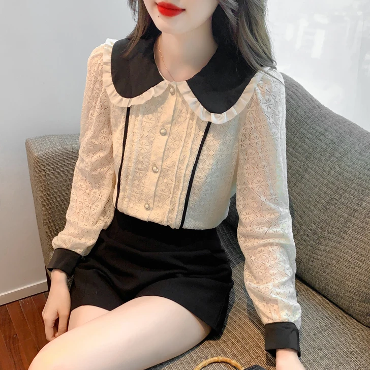 秋装女款爆款2024新款法式娃娃领衬衫设计感气质蕾丝秋冬长袖上衣