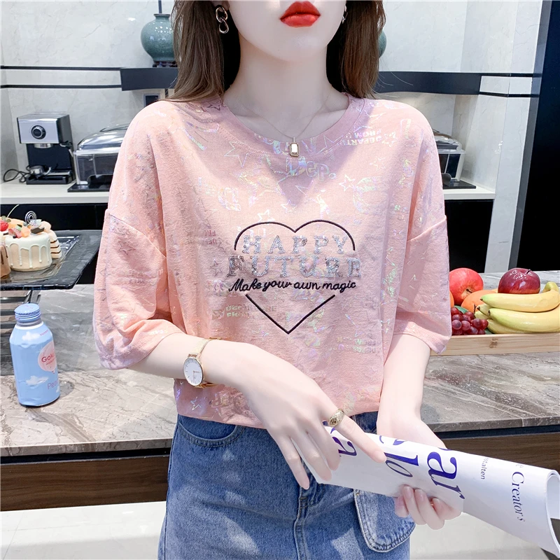 洋气高档微胖冰丝短袖T恤女士新款夏季女装薄款宽松遮肚子上衣服