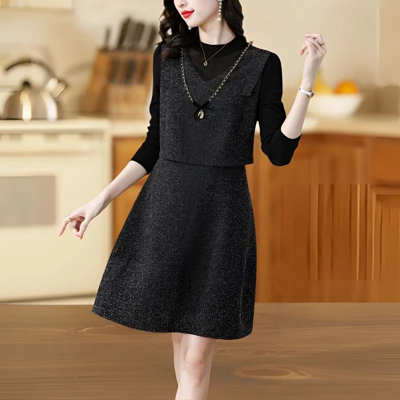 退货率66小香风假两件连衣裙女士春秋款收腰A字裙外出洋气裙子