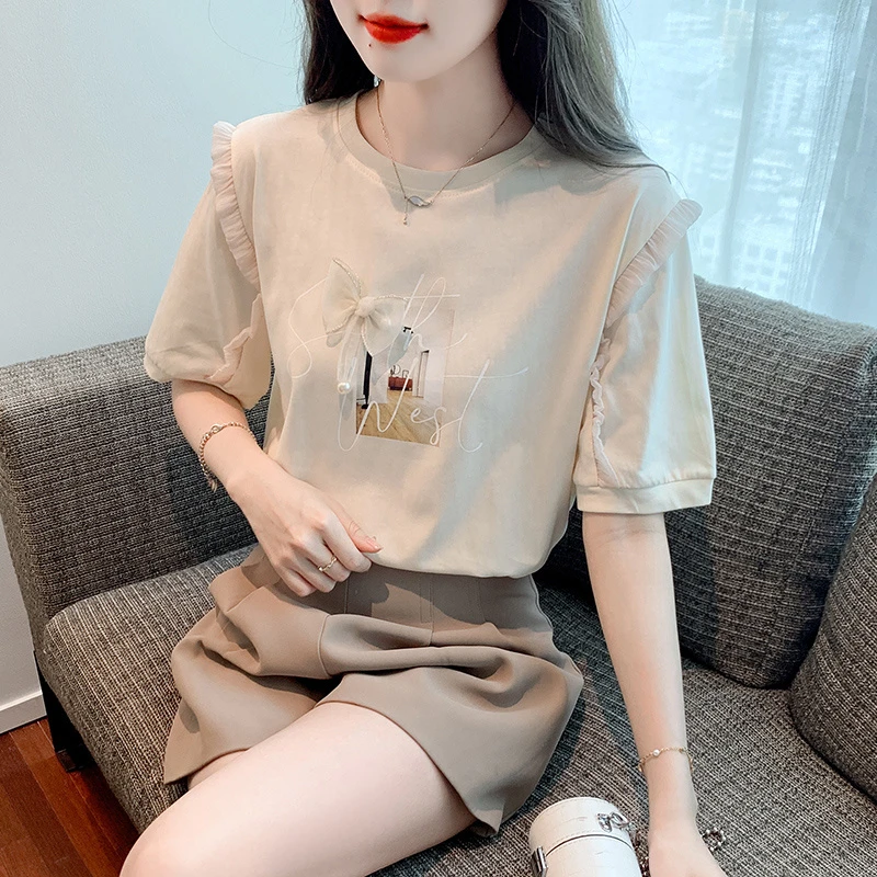 时尚气质木耳边拼接减龄T恤女士蝴蝶结印花甜美短袖上衣夏季洋气