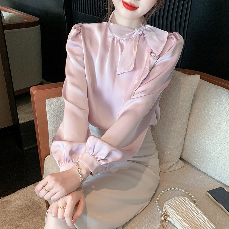 高级缎面雪纺衬衫女士秋装时尚通勤OL职业装法式垂感长袖轻奢衬衣