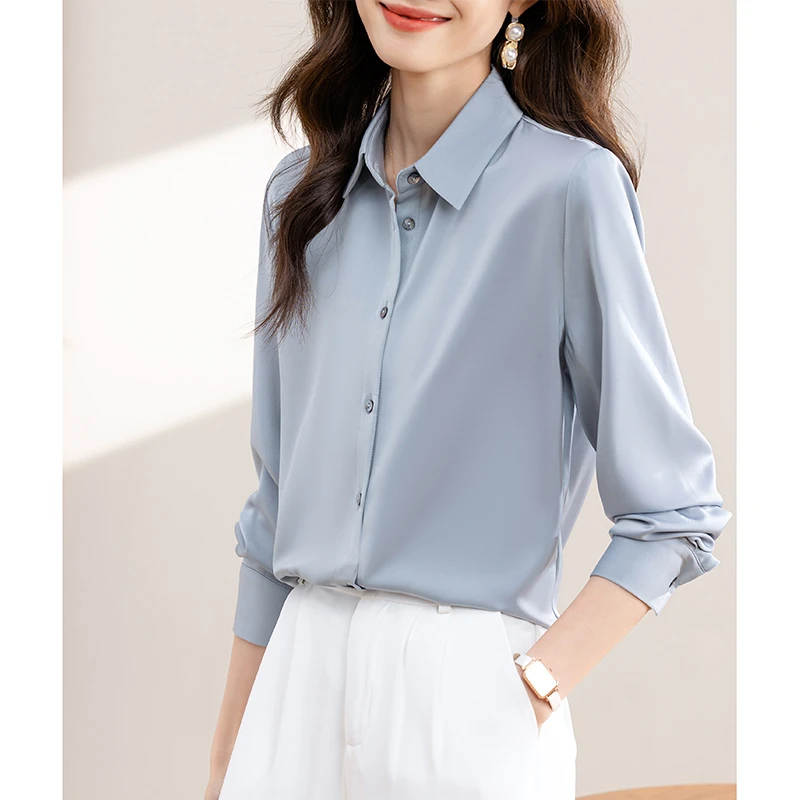 高级感长袖女士衬衫2025新款春秋设计感小众职业百搭通勤缎面衬衣