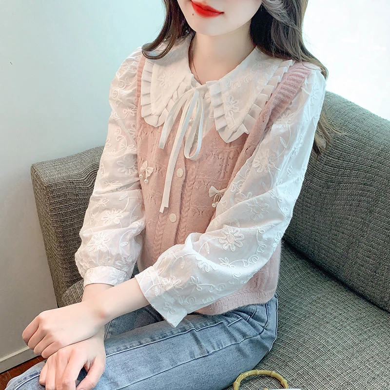高级感娃娃领白色衬衫春秋打底衫女装冬季外搭马甲时尚洋气上衣潮