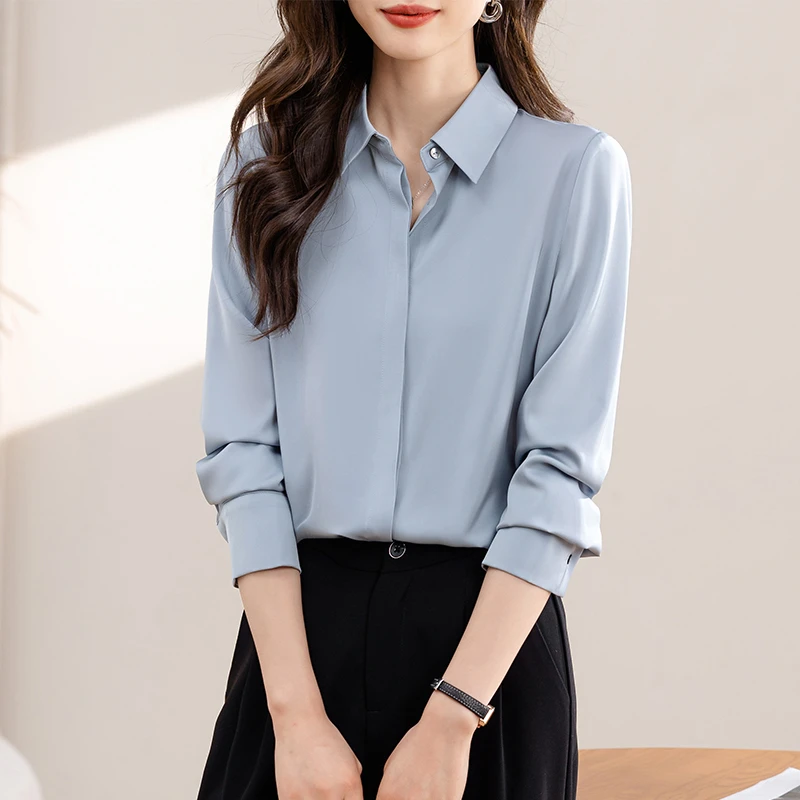 长袖打底上衣女2025年春秋新款设计感轻熟港风缎面衬衫女士OL衬衣