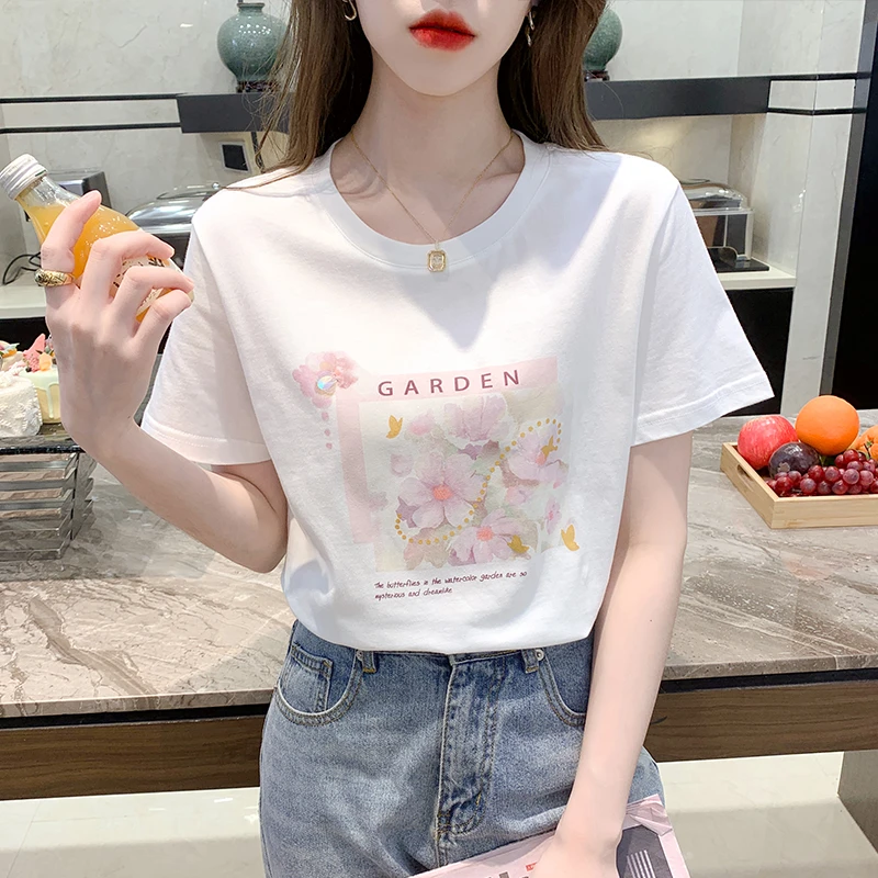 夏季白色女士短袖t恤2025年新款时尚洋气显瘦上衣小个子印花女装