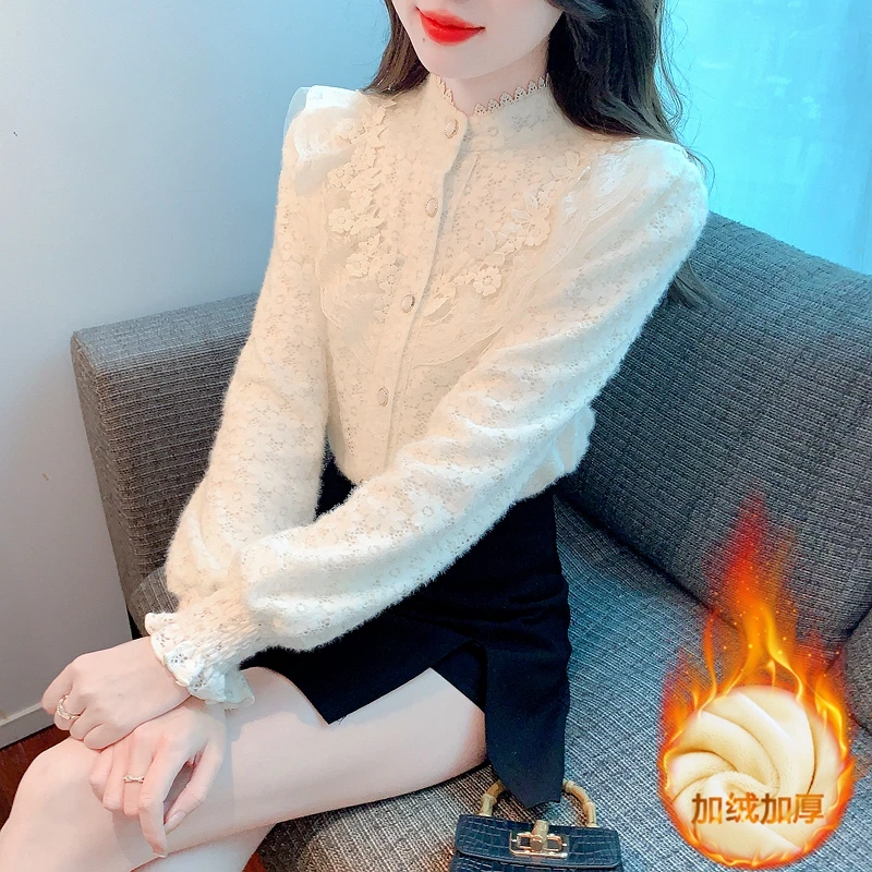 加绒加厚蕾丝打底衬衫女士秋冬2025新款法式高档长袖上衣减龄衬衣