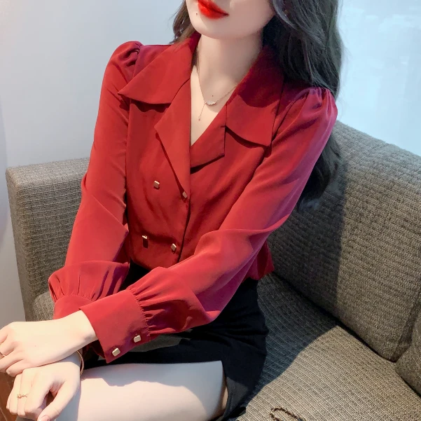 复古港风长袖衬衫女2025春秋新款高级感红色小衫百搭时尚洋气上衣