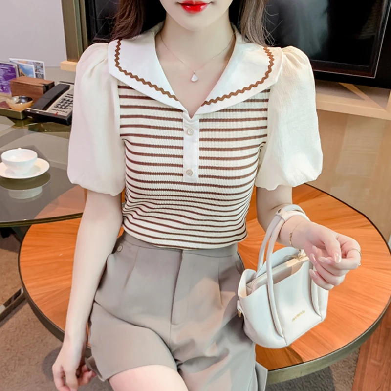 短袖条纹针织t恤女夏季2025年新款洋气减龄设计感正肩泡泡袖上衣
