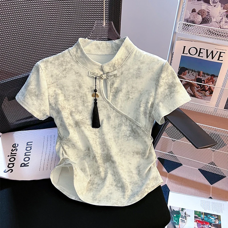 小个子夏装新中式国风复古盘扣晕染正肩不规则别致短袖T恤女上衣