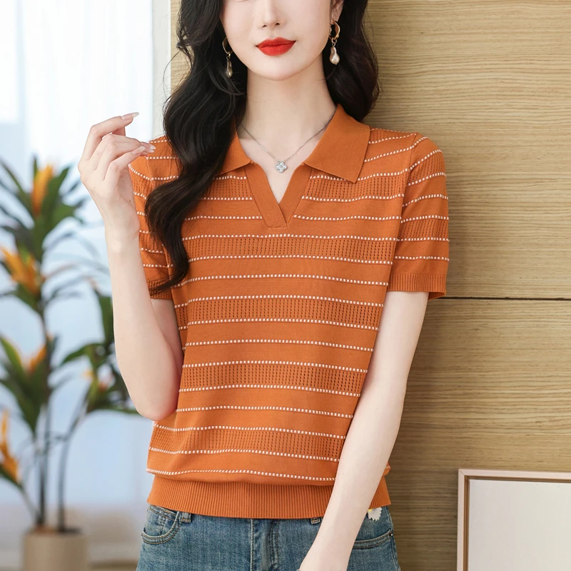 2024年夏季新款条纹短袖T恤女polo衫宽松天丝洋气上衣翻领针织衫