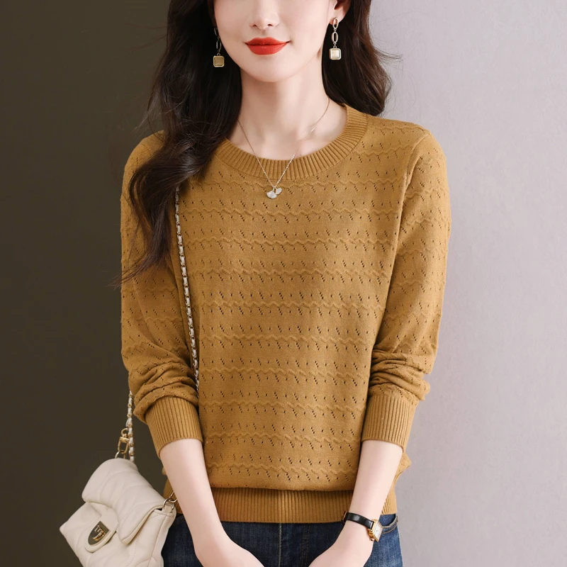 早秋薄款针织衫女上衣2024新款妈妈内搭毛衣圆领镂空打底绵美丽衫