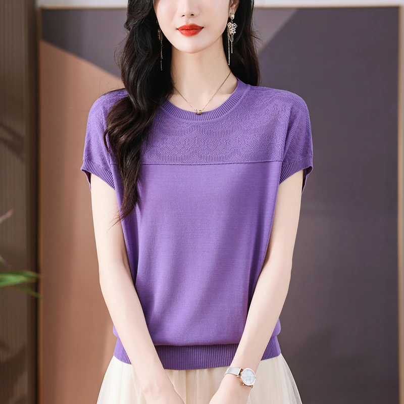 100%莱赛尔天丝短袖t恤女薄款夏季新款洋气镂空针织衫配裙子上衣