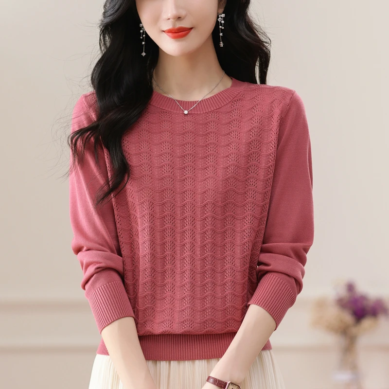 绵美丽衫女春秋季妈妈装宽松套头针织镂空打底衫短款圆领长袖毛衣