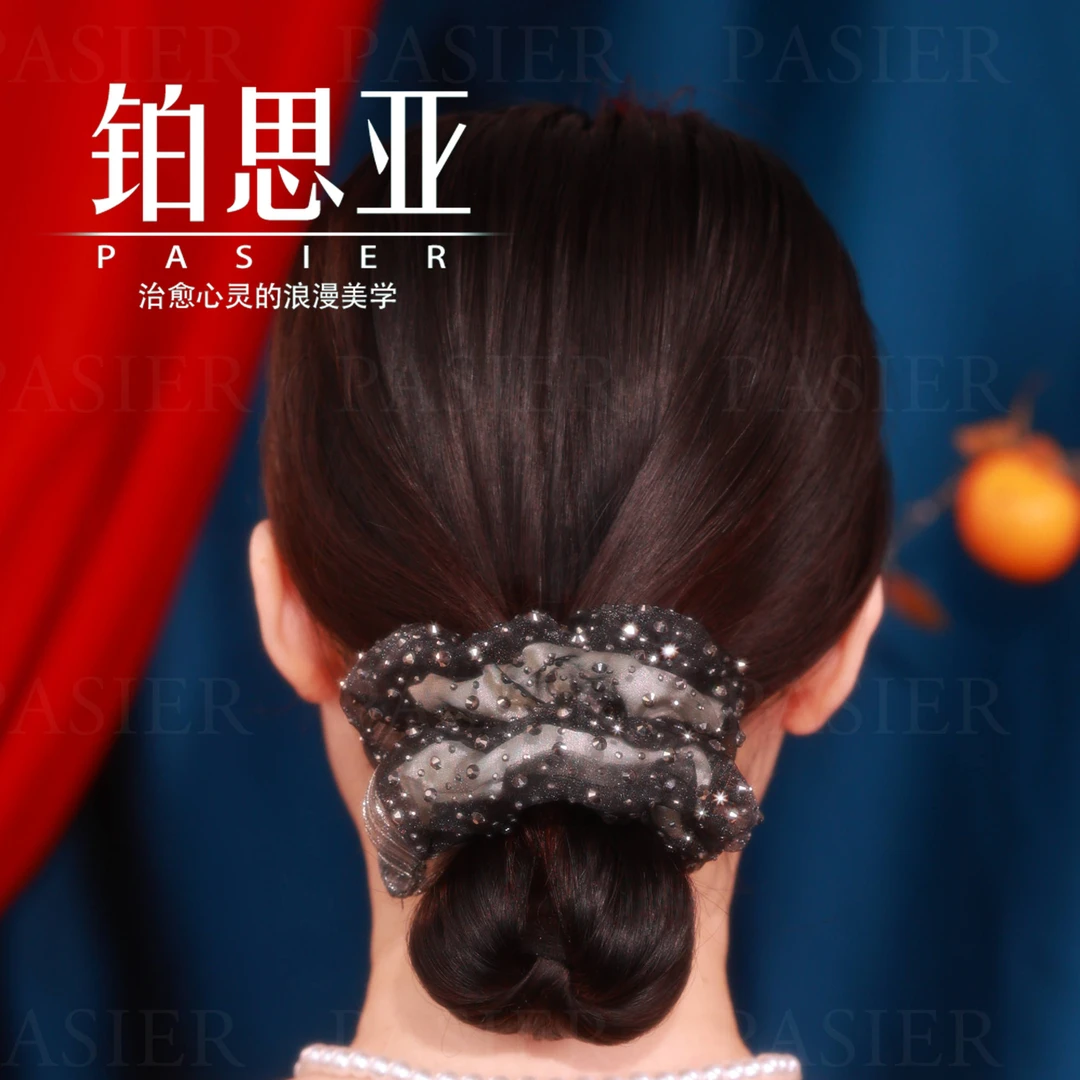 铂思亚 星海 优雅气质欧根纱双色拼接高弹力布艺发圈FS4126黑