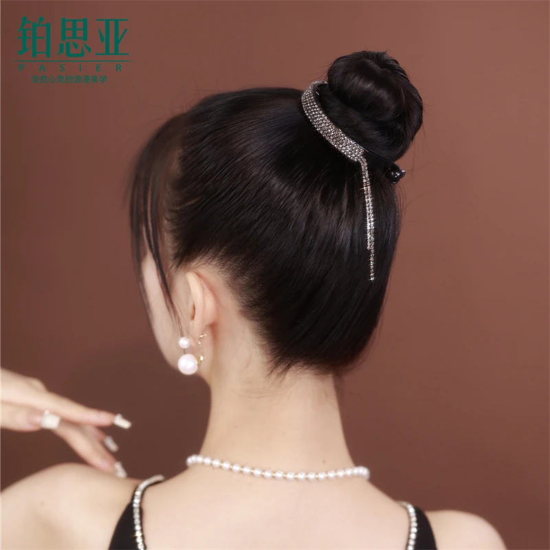 铂思亚丸子头盘发神器懒人马尾扣发饰固定器流苏头饰FS141黑钻