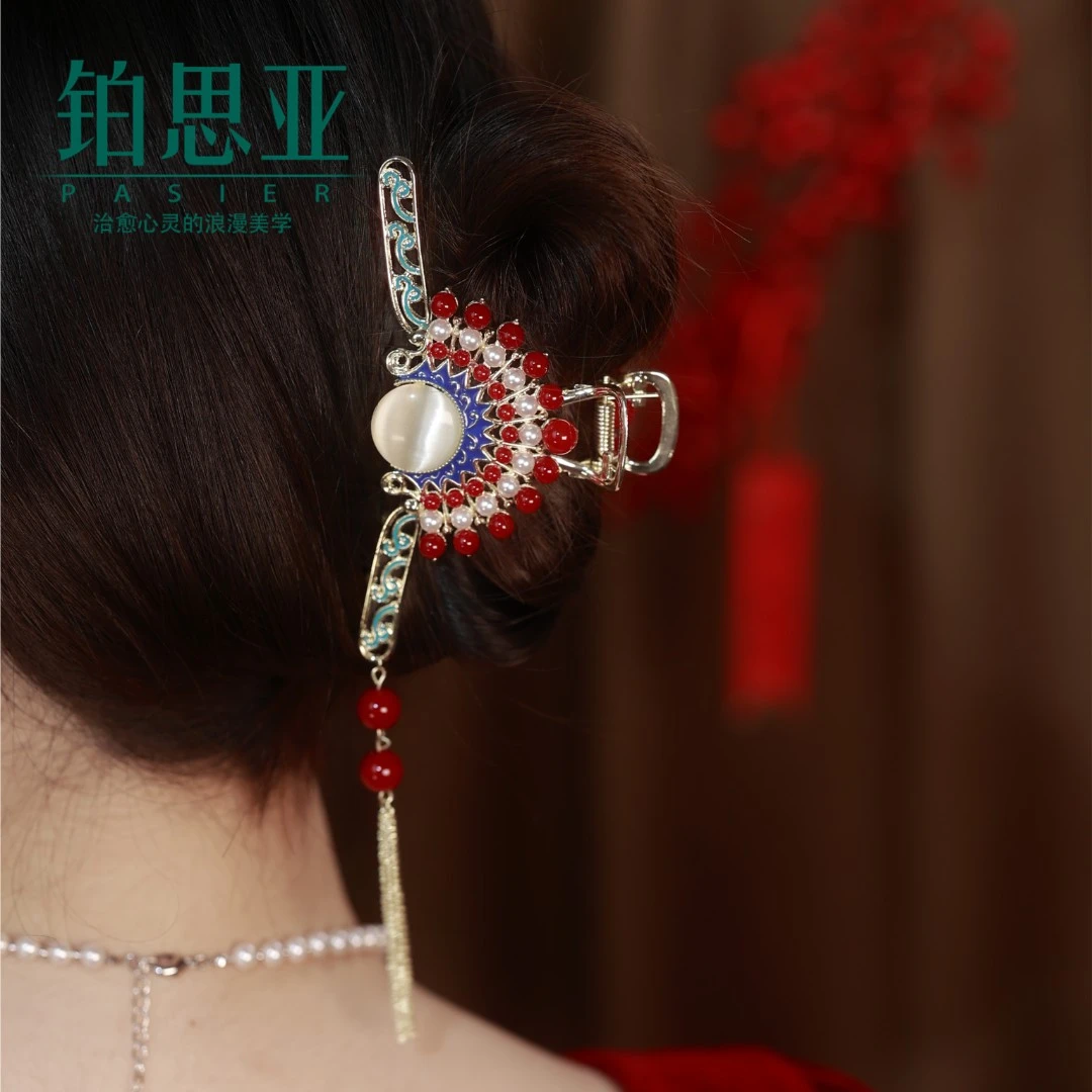 铂思亚 铜合金合成锆石发饰 【达人专享】国风花旦珠珠气质抓夹