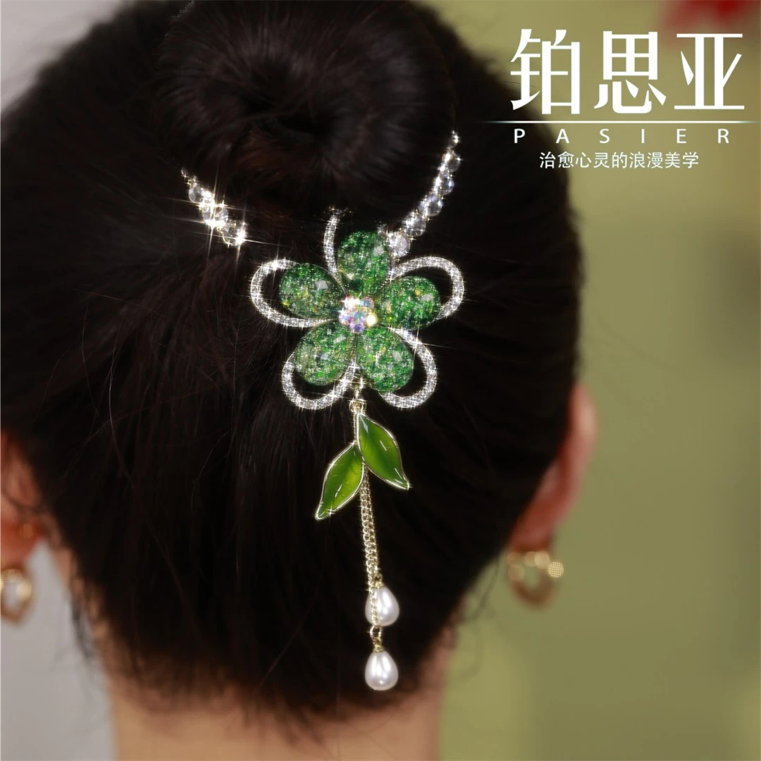 铂思亚【花间语】古风绿色花优雅国风丸子扣 FS1772绿
