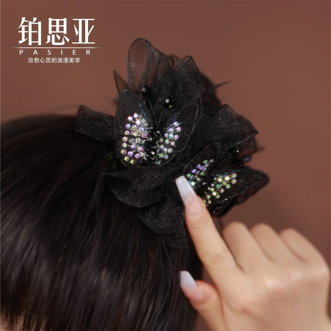 铂思亚 非金属布艺发饰 欧美网纱黝黑双面彩锆石蝴蝶丸子头河马夹