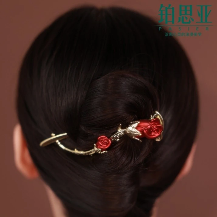 铂思亚铜合金合成锆石发饰 复古温婉重工高定系列抓夹FS243红