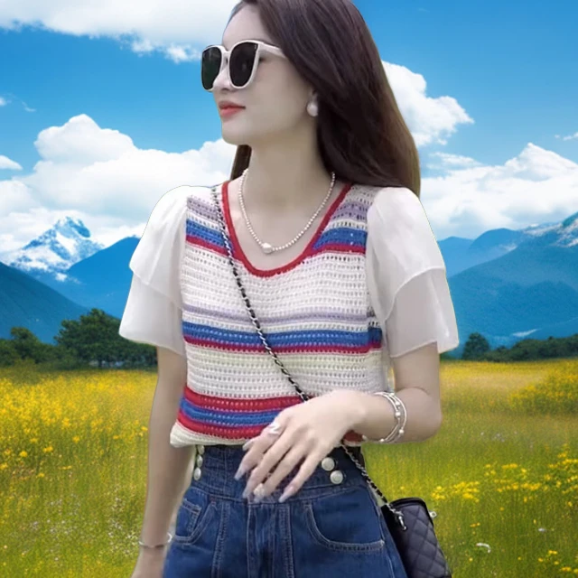 雪纺袖圆领小衫潮夏季新款条纹撞色时尚设计感百搭拼接针织上衣女