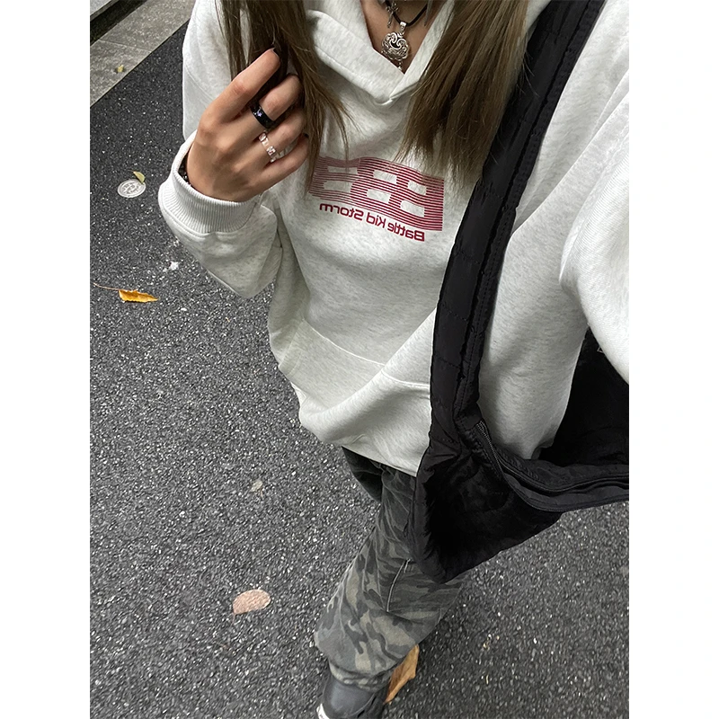E020美式复古渐变字母带口袋连帽卫衣外套男女秋宽松连帽国潮上衣