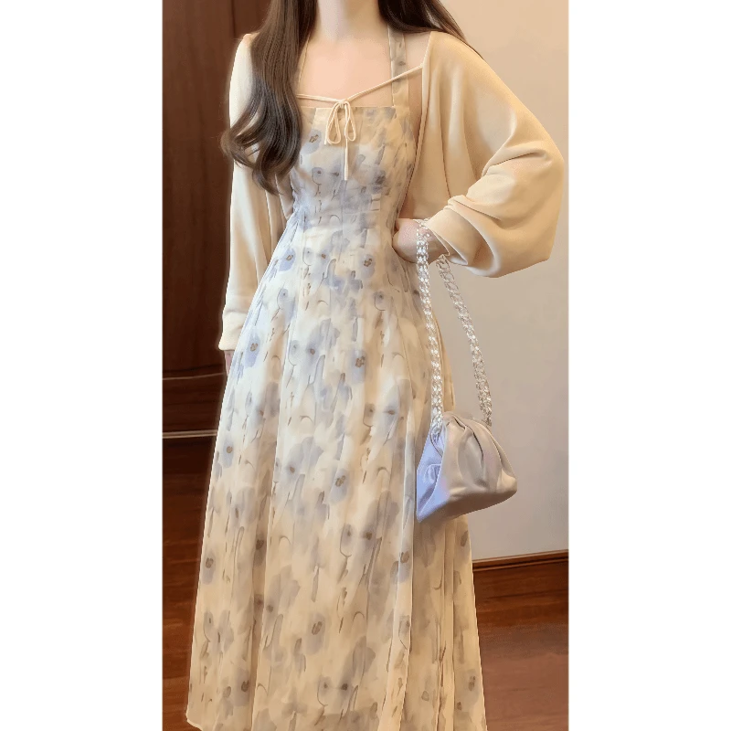 法式新款温柔风茶歇桔梗裙超仙森系浪漫绝美挂脖连衣裙高级感