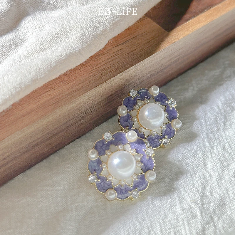 合金仿珍珠耳饰 轻奢油画复古珍珠宫廷气质法式小众紫色精致莫奈