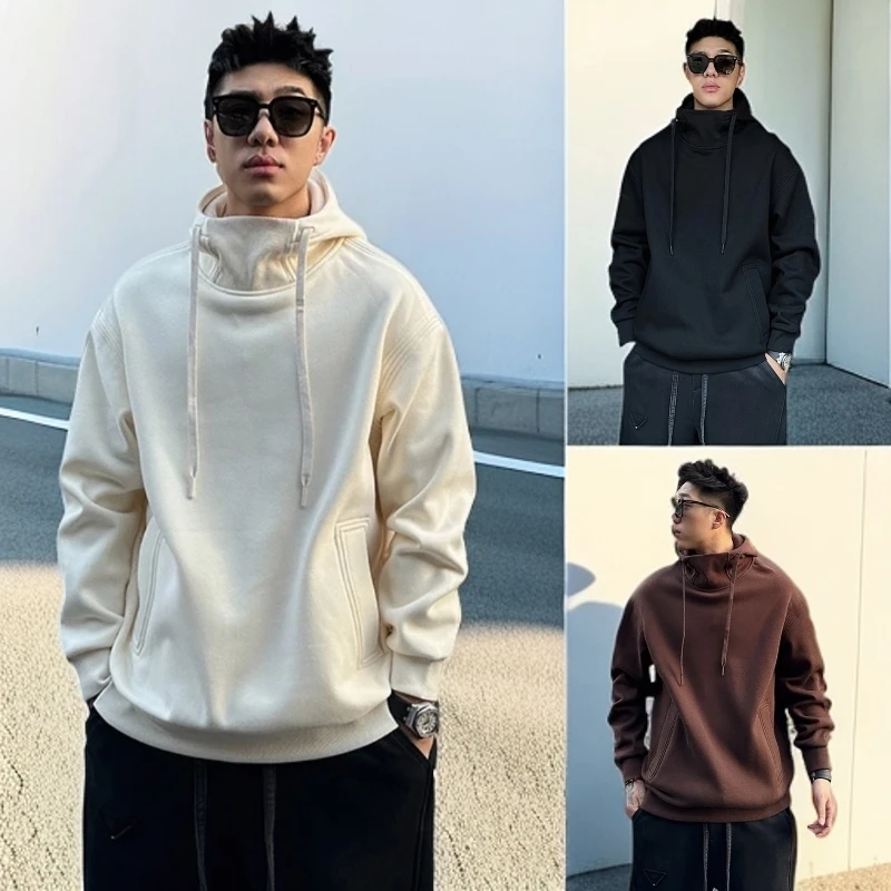 日系重磅长袖连帽套头卫衣男潮流新款宽松休闲oversize纯色男外套